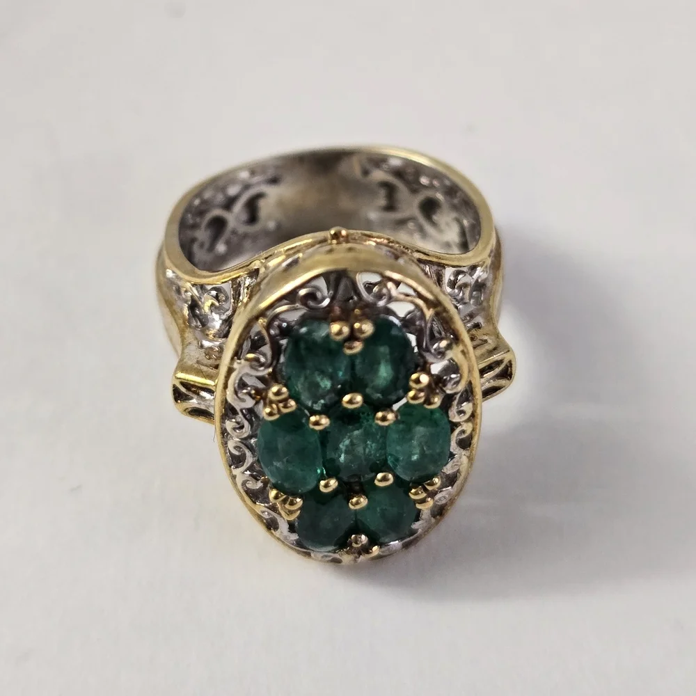Sterling Silver 925 Intricate Green and Gold Ring with Emerald Cluster